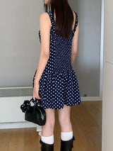 Navy Dotted Square Neck Flared Dress