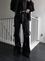 unique strap cargo bootcut pants