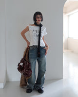 Unbalanced off-shoulder lettering short-sleeved T-shirt
