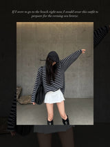 テンダーフロー ストライプ カラーブロック シングルブレスト長袖 Tシャツ (2 colors)