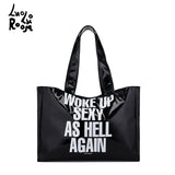 LuoLuoroom  "Woke up sexy as hell again" printed leather extra large tote bag