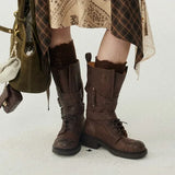 Vintage-Style Genuine Lambskin Mid-Calf Biker Boots with Belt Detail