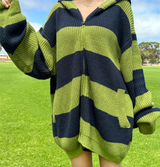 (HIGH-QUALITY!/UNISEX) ビッグフードルーズフィットストライプニットジップアップ - 2 COLOR