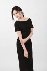 Off-Shoulder Slit Long Onepiece Black