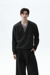 Layered Look Wool V Neck Sweater