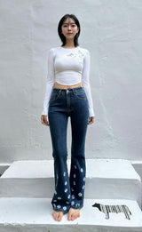 DARK BLUE EMBROIDERED SPANDEX BOOTCUT DENIM PANTS code 18315