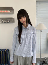 ムンタボーダーフリル襟付き長袖Tシャツ