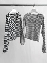 マインドVネックストライプ長袖スパンTシャツ