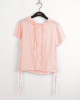 Weving see-through side shirring pleated hooded short-sleeved cardigan