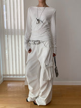 white overall pocket wide casual pants