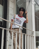 ドレーププリントリンガーハーフスリーブTシャツ
