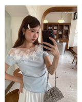 アシンメトリーレーストリムオフショルダーT