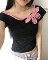 ミッキーフラワースリットボートネックカラーリング半袖Tシャツ
