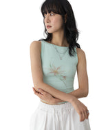 Flower Print Boat Neck Crop Tank Top