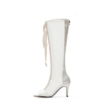 Satin See-Through Open Toe Boots Heel(White)