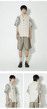Retro cotton and linen patchwork short-sleeved shirt, summer casual loose fit blouse