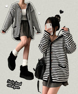 Depot Loose Stripe Hooded Knit Cardigan
