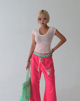 ピンク ストライプ Vネック ショートスリーブ Tシャツ