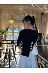 バックホワイトボウロングスリーブニットTシャツ
