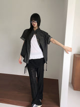 チボンパンチングシースルーシャーリングスカートブーツカットパンツ
