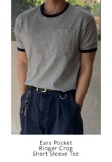 Ears pocket ringer crop short sleeve t-shirt