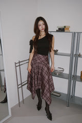 Unbalanced High Midi Checkered Skirt