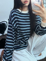 STRIPE OVER BOXY BOYFRIEND LONG SLEEVE T SHIRT ❤💚🩵🧸4COLOR