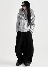 Raccoon Fur Letter Hood Zip-Up
