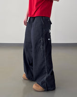 Bone Cross Stud Wide Denim Pants