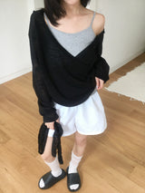 Wrap loose fit shirring hooded knit (4c)