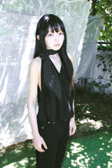 RIBBON HALTER PEPLUM TOP BLACK
