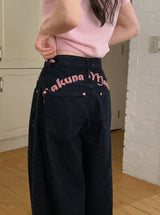 Rose Pink Lettering Embroidery Balloon Denim Pants