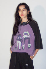 レトロウォッシュモザイクフィギュアラグラン半袖サマーTシャツ