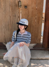 Border Collar Button Short Sleeve Knit (4color)