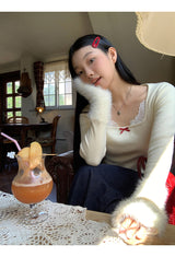 Mink Cuffs Square Neck Lace Long Sleeve T-shirt