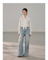 French ribbon tie V-neck blouse