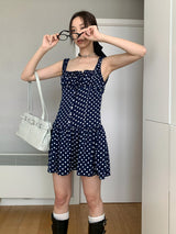Navy Dotted Square Neck Flared Dress