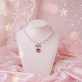 [ジェニーパーク Necklace] ローズピンクハートアンドリボン パールチョーカーネックレス