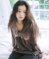 STRING STRIPE SHIRRING LONG SLEEVE - BROWN