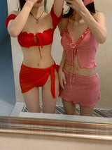 Rose Tide Off-Shoulder Chiffon Cover-Up 3pcs Bikini SET