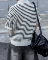 Windy Buckle Stripe Collar Short Sleeve Knit