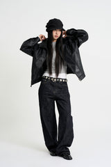 Curved leather overfit jacket