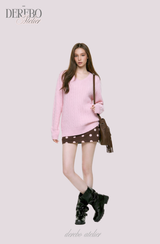 Baby Pink Twisted V-neck Loose Fit Knitwear