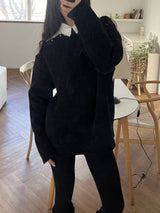 [UNISEX] オーバーフィット ベロア オフショルダー ダブルスナップボタン ロングスリーブ ニットT(4 colors)