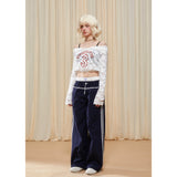[GirlyFancyClub] カラーブロックダブルウエストストレートカジュアルパンツ Dark Blue