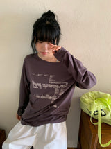 Gauss Loose Fit Printing Off-Shoulder Long Sleeve Tee