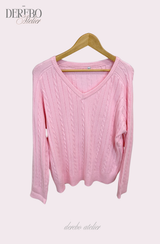 Baby Pink Twisted V-neck Loose Fit Knitwear