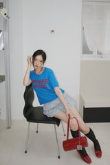 Blue Red Lettering Round Short-Sleeved Knitwear
