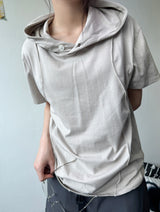 イーブン ホルターネック フード ボタン ルーズフィット Tシャツ 4カラー