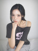 テキン レタリング オフショルダー オーバーフィット ショートスリーブTシャツ